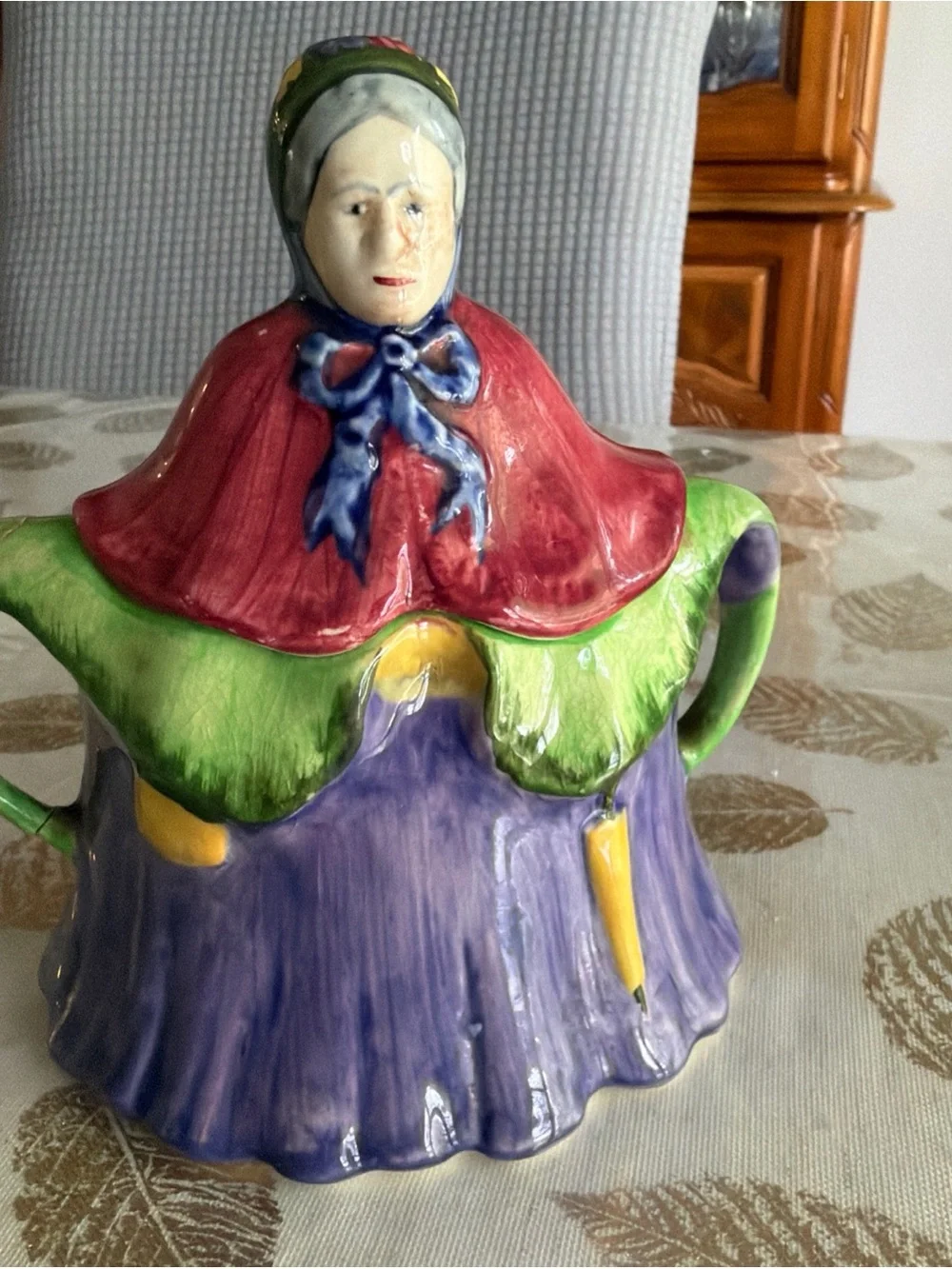 Hand-Painted Vintage Ceramic Figurine Sugar Bowl in Purple, Green, Red English
